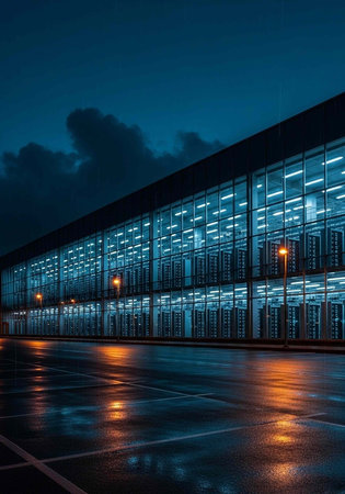 A large, modern building with blue lights at night and a wet parking lot