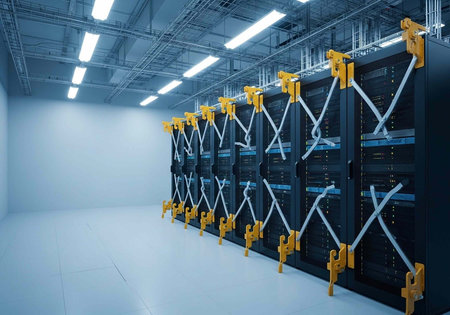 A large server room with rows of black servers and yellow security locks