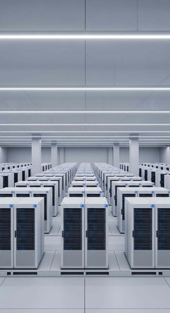 A large data center with rows of computer servers and modern technology infrastructure