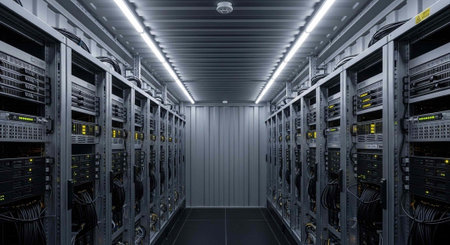 A large server room with rows of computer equipment and lighting