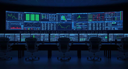 A dimly lit trading floor with multiple computer screens displaying financial data and graphs