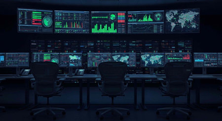 A dimly lit control room with multiple computer screens displaying data and graphs