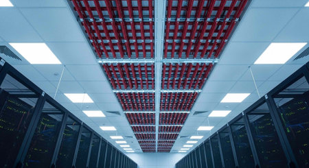 A large server room with rows of computer servers and red storage racks