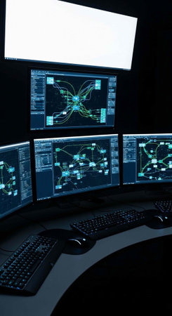 A futuristic computer workstation with multiple monitors displaying complex data visualizations in a...