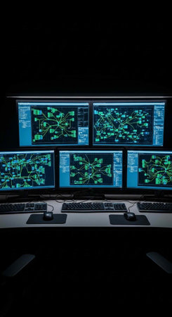 A computer workstation with multiple monitors displaying maps and data in a dark room
