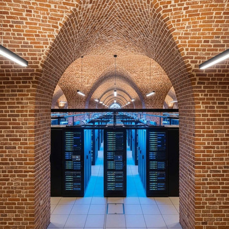A modern data center with brick arches and black server racks