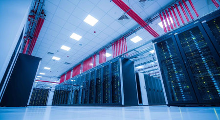 A large data center with rows of computer servers and red cable management