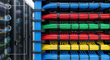 A close-up view of a server room with colorful cables neatly organized