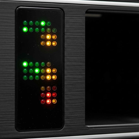 A close-up view of a modern electronic device with colorful indicator lights