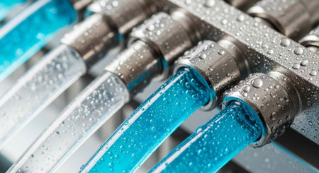 Close-up of industrial pipes with water droplets on a metallic background