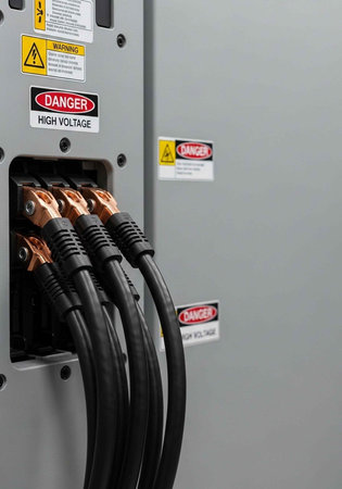 A close-up view of a gray electrical panel with warning labels and cables