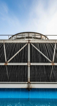 A large industrial cooling tower against a clear blue sky with wispy cloudsの写真素材