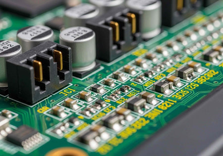 A close-up view of a green circuit board with various electronic components