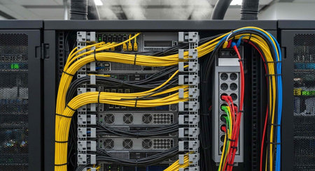 Fiber Optic cables connected to network switch in data center room
