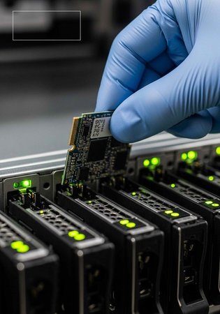 A gloved hand holding a computer chip near a row of server hardware