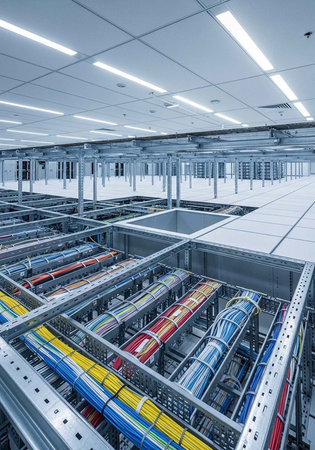 A large data center with rows of colorful cable trays and modern infrastructure