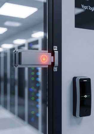 A secure door with a biometric scanner and lock in a modern server room