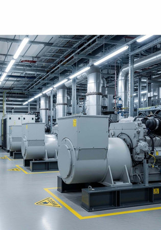 A large industrial room with several machines and pipes on the ceiling and walls