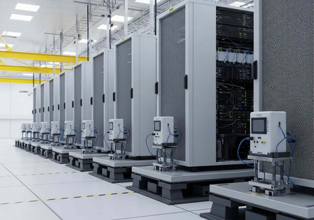 A modern data center with rows of server racks and computer equipment