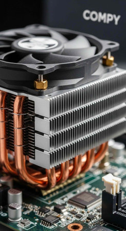 A close-up view of a computer's CPU cooler on a motherboard with copper pipes