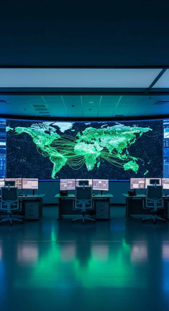 A large screen displaying a green world map in a modern control room