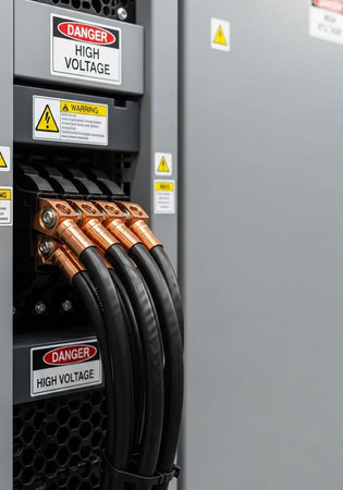 A close-up view of a high-voltage electrical panel with warning signs and cables