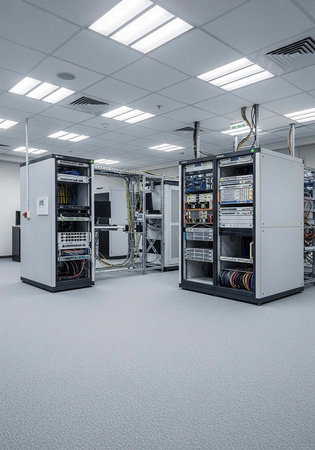 A modern server room with rows of computer equipment and networking hardware