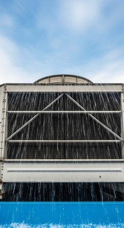 A large industrial cooling tower with water cascading down against a blue skyの写真素材