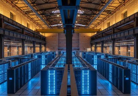 A large data center with rows of computer servers and blue lighting