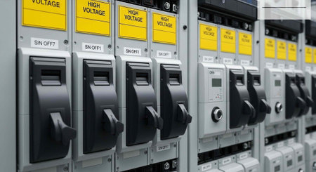 A close-up view of industrial electrical switches and circuit breakers in a control panel
