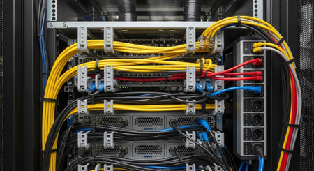 A close-up view of a server rack with colorful cables and wires neatly organized