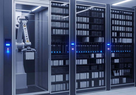 A robotic arm is shown in a data center with rows of server racks