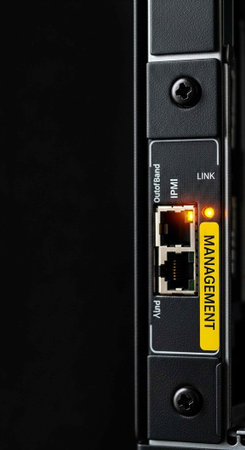 A close-up view of a network management port on a black device