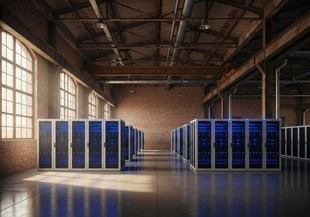 A large warehouse with rows of computer servers and natural light from windows