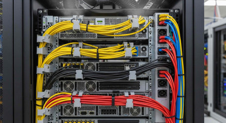 A close-up view of a server with colorful cables and wires neatly organized