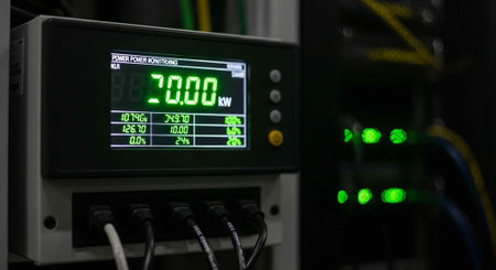 A close-up view of a power monitoring device with green digital display