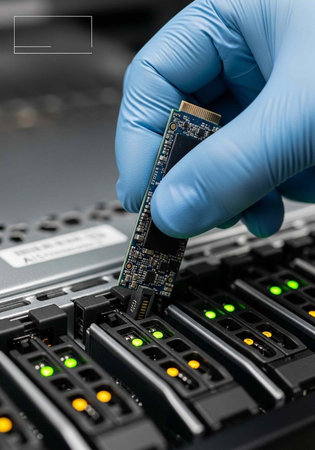 A gloved hand holding a computer chip over a server with green and yellow lights