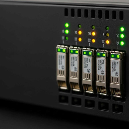 A close-up view of a network switch with multiple Ethernet ports and indicator lights