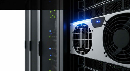 A close-up view of a server with a blue light on its ventilation system
