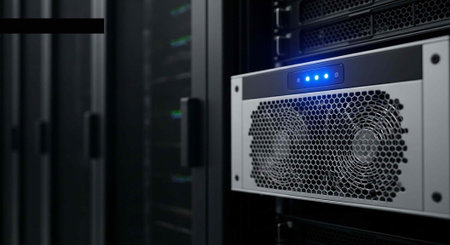 A close-up view of a server with blue LED lights in a data center