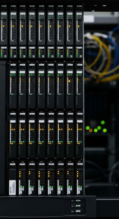 A close-up view of a server rack with multiple rows of computer hardware