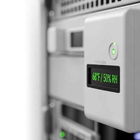 A close-up view of a temperature and humidity control device in a server room