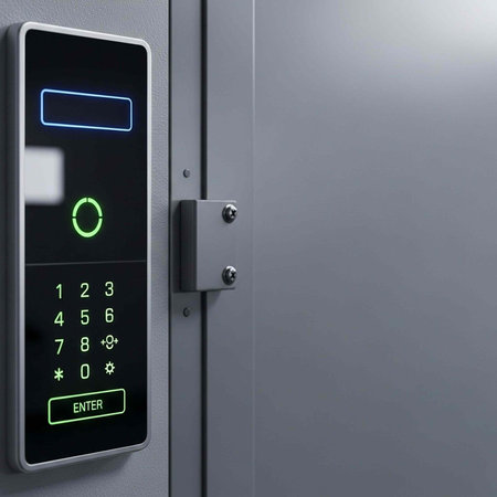 A modern electronic keycard lock on a secure metal door with keypad entry