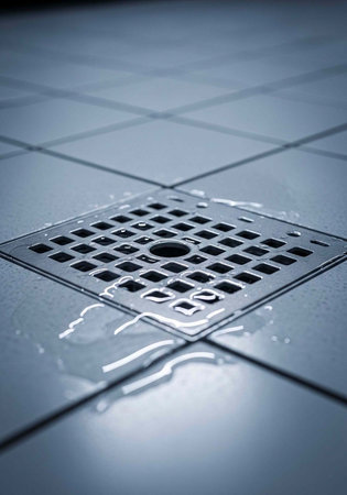 A close-up view of a metal floor drain on a tiled surface with waterの写真素材