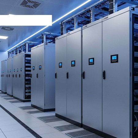 A row of large server cabinets in a modern data center with blue lighting