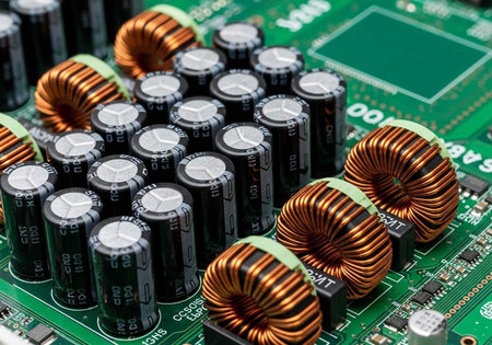 A close-up view of electronic components on a green circuit board