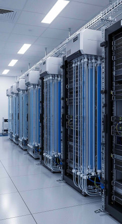 A modern data center with rows of server racks and cables