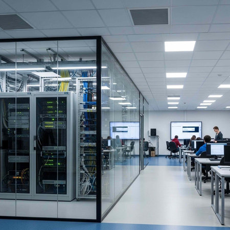 A modern server room with people working at desks in a clean and organized office space