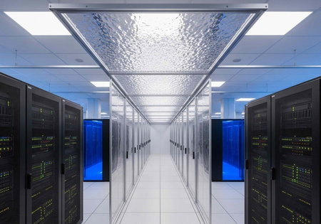 A modern data center with rows of server racks and computer equipment