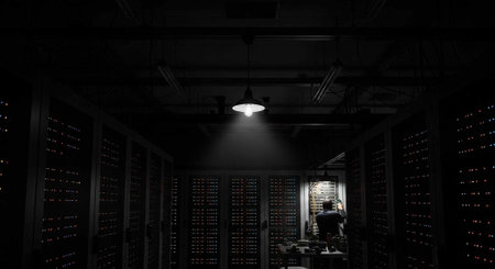 A person working in a dark server room with a single spotlight shining down